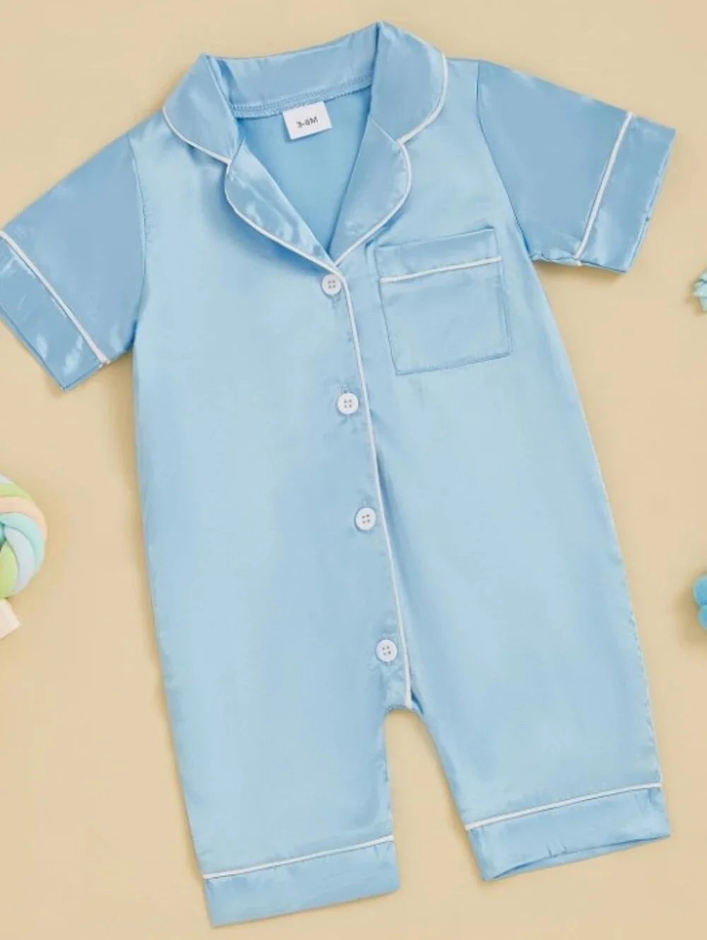 Infant Satin Pajamas Romper Pink Blue 6M 12M 18M Button Up Short Sleeve Jumpsuit